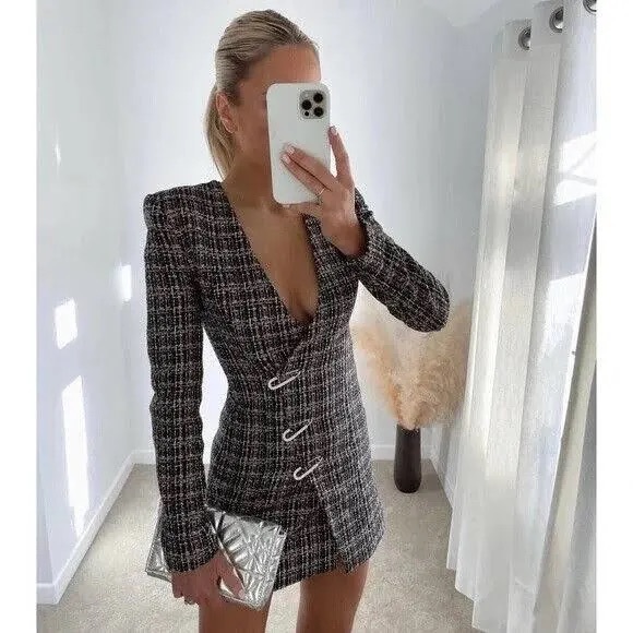 Zara Dresses & Skirts - Longline Blazer Jacket Dress Tweed Wrap Style Plaid Pins Jewel